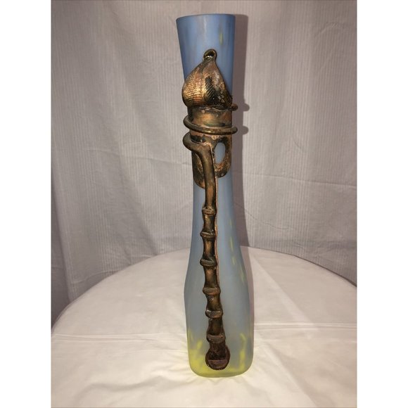 Handmade Blown Vase Engraved With Metal Blue Yellow Art Nouveau Style - Picture 1 of 9